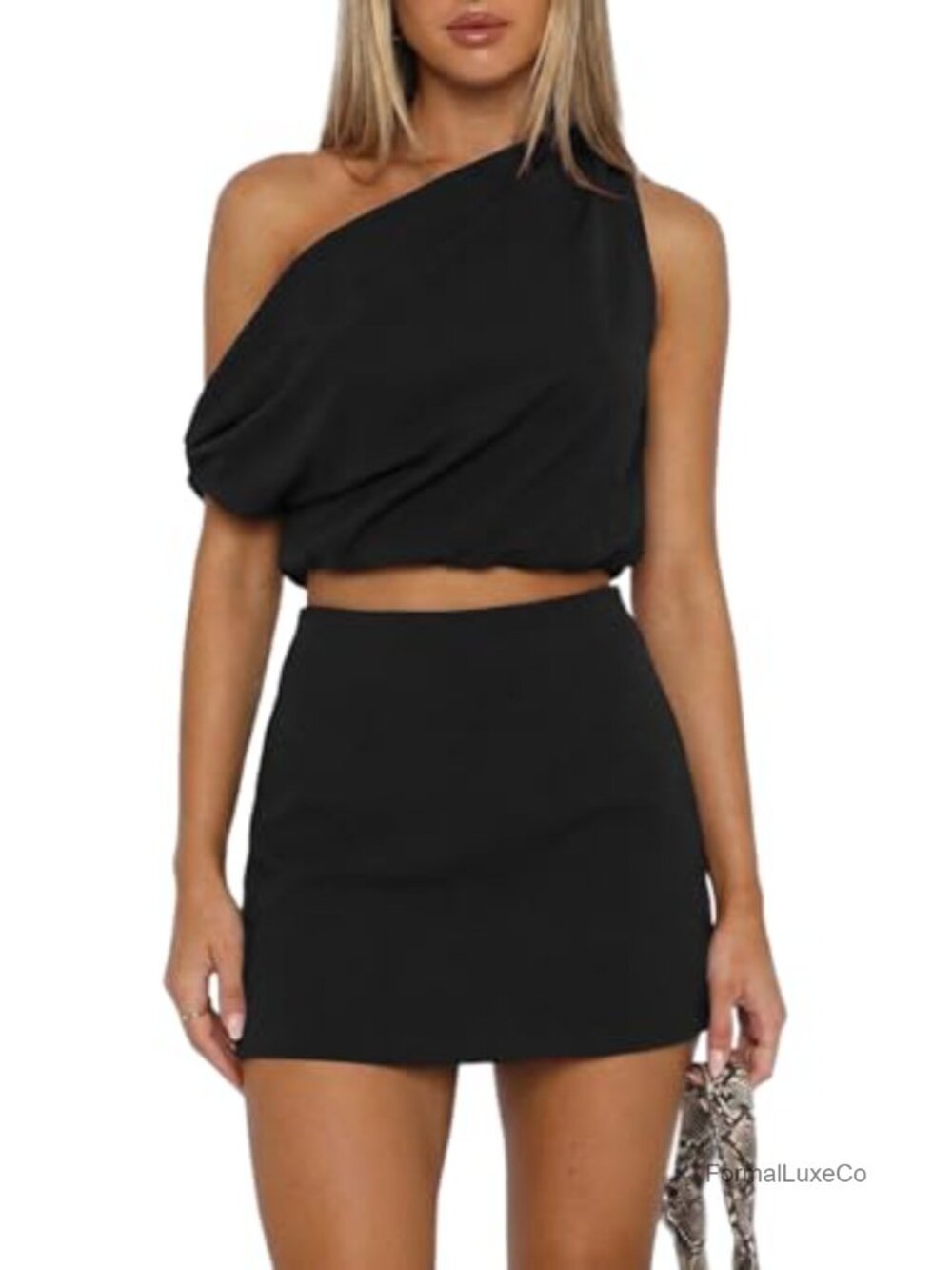 Two Piece Skirt Set - One Shoulder Crop Top High Waisted Bodycon Mini Skirt